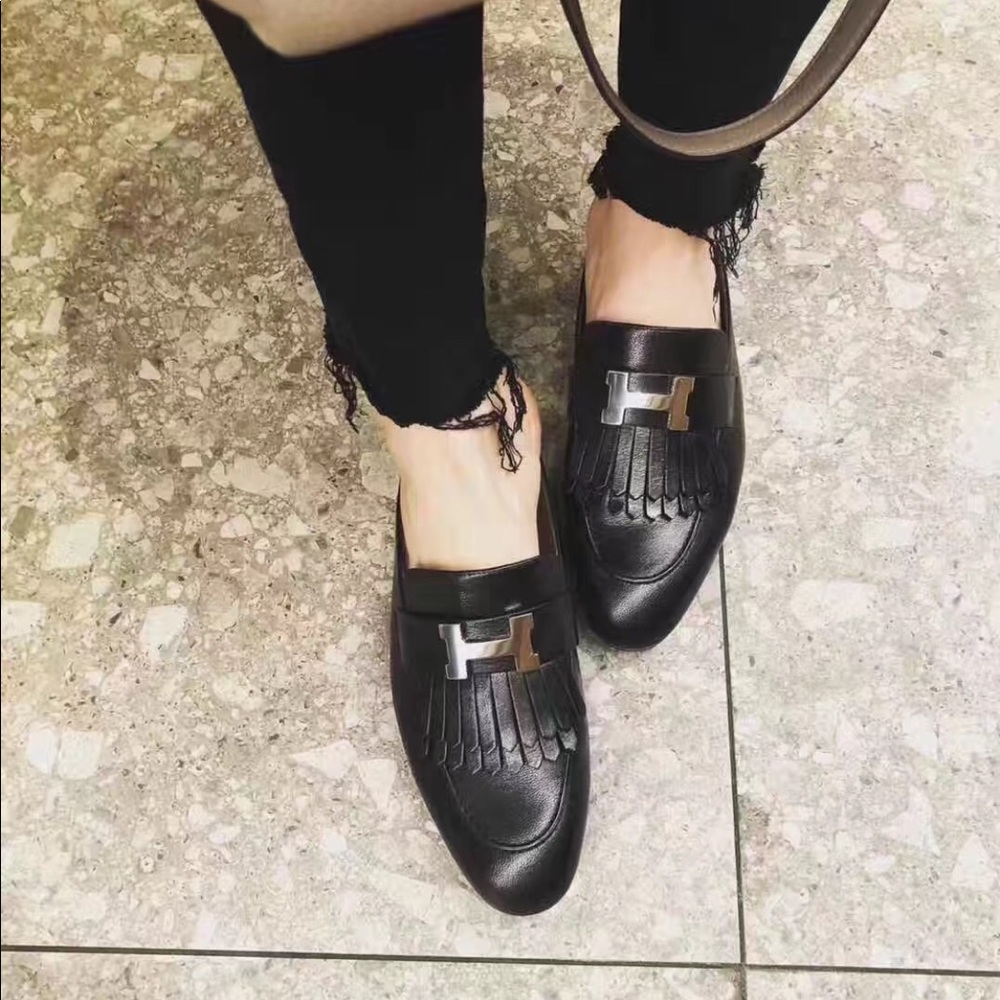 Authentic NWT Hermes Rivoli black leather H mules slip on slides size 36.5
